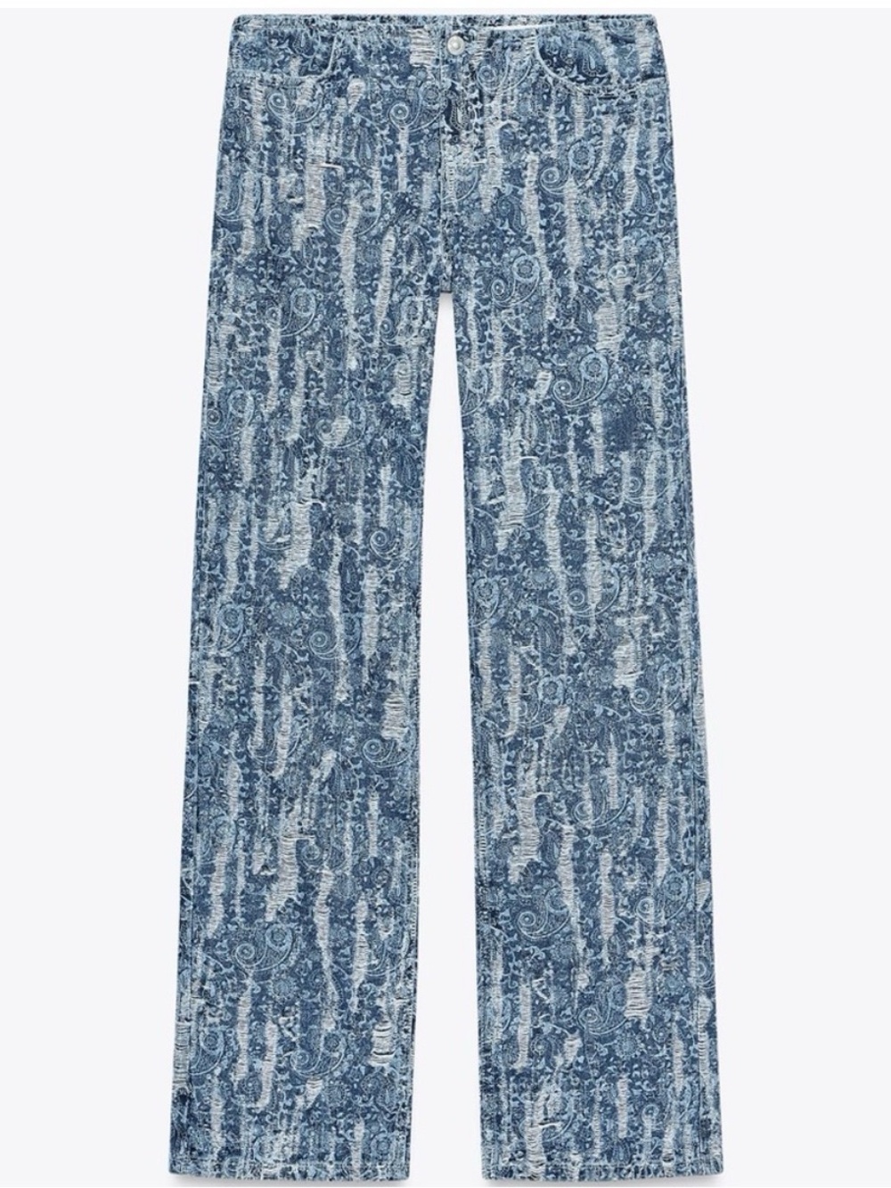NWT Zara Blue Paisley No Waist Distressed Straight-Leg Jeans, Size 6